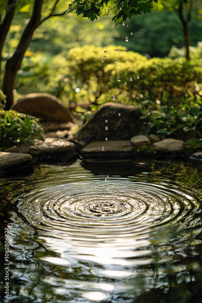 Clear water droplets falling into a calm pool, creating ripples Clear water droplets falling into a calm pool, creating ripples