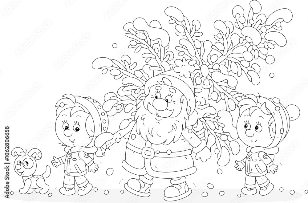 Santa Claus with happy little girl and boy carrying a snowy fir from a winter forest to decorate it to Christmas, black and white outline vector cartoon illustration for a coloring book page Santa Claus with happy little girl and boy carrying a snowy fir from a winter forest to decorate it to Christmas, black and white outline vector cartoon illustration for a coloring book page