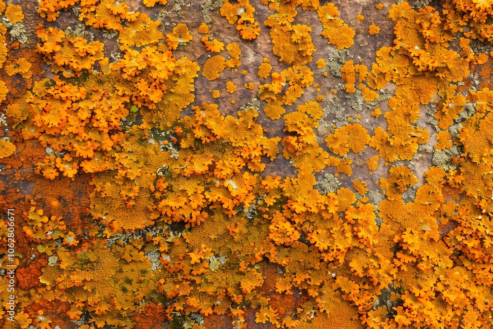 A close-up of orange lichen growing on a textured surface. A close-up of orange lichen growing on a textured surface.
