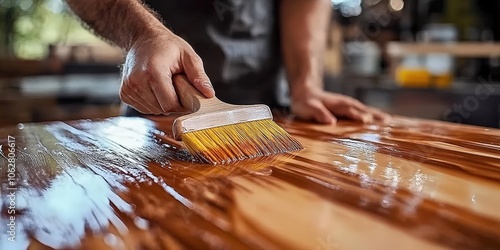 a person wiping a paint brush over wood on a table, photo