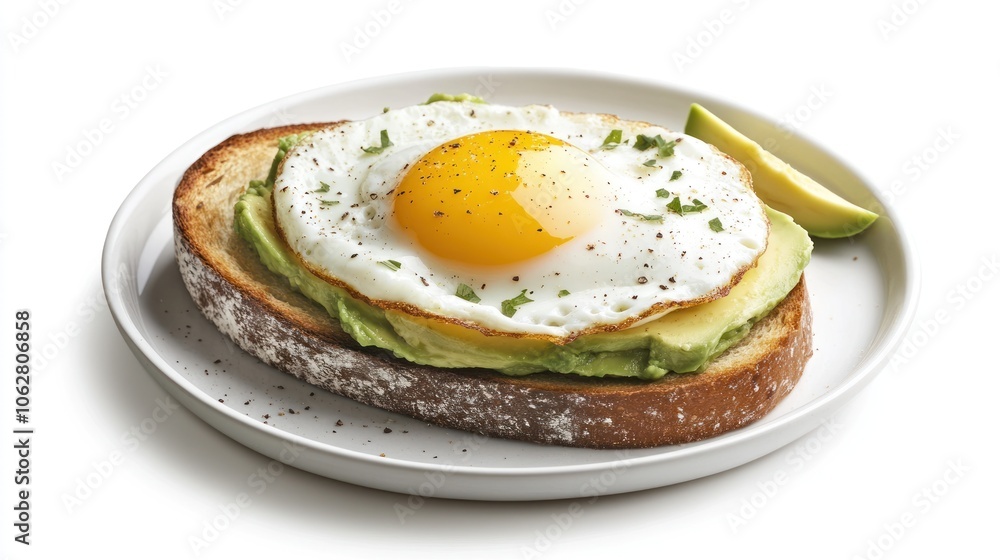 A fried egg on avocado toast with a side of sliced avocado. A fried egg on avocado toast with a side of sliced avocado.