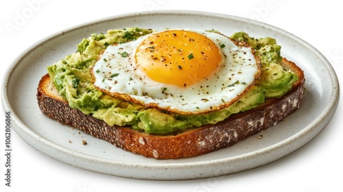 A single slice of toasted bread topped with mashed avocado and a fried egg, seasoned with pepper and parsley, on a white plate, isolated on a white background.