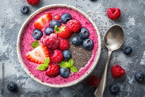 A berry smoothie bowl with collagen peptides, topped with chia seeds and fresh berries, creating a delicious and nourishing drink that supports skin health and provides a boost of antioxidants