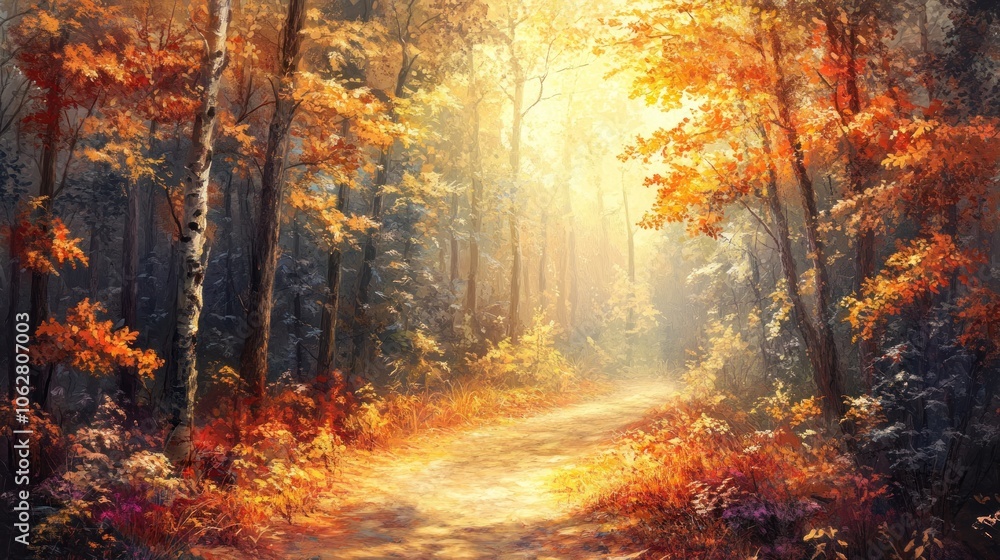 A path winds through a vibrant autumn forest, bathed in golden sunlight. A path winds through a vibrant autumn forest, bathed in golden sunlight.