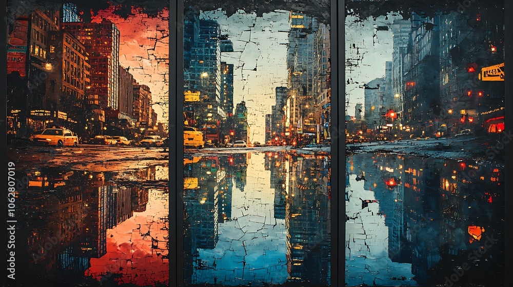 Obraz premium Three-panel urban art series; left panel shows a puddle with buildings mirrored in the water, middle panel a glass window reflecting streetlights and city structures,