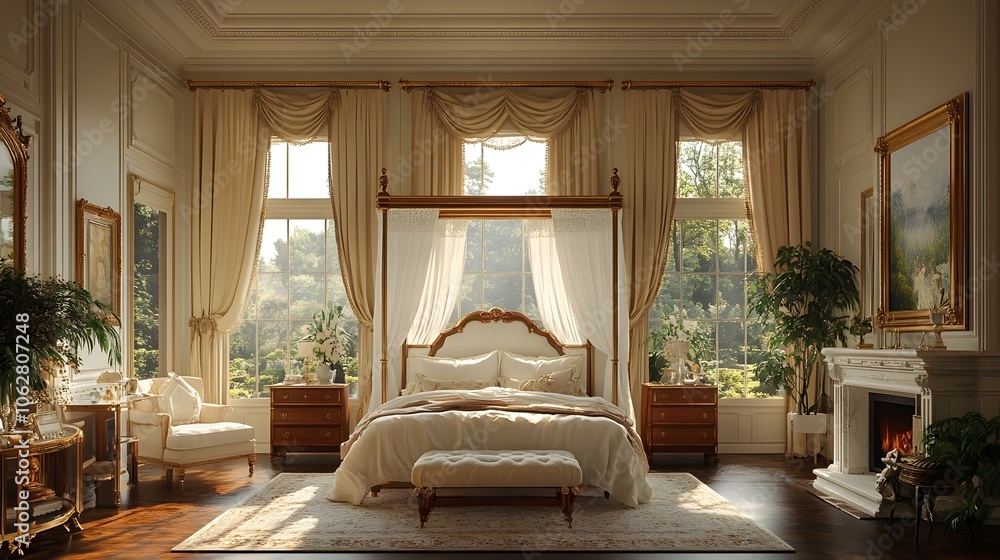 Naklejka premium Exquisite interior of a lavish antique bedroom in a prestigious manor house,featuring ornate furnishings,elegant decor.