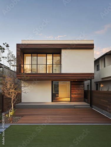 A contemporary house showcases its sleek lines and wooden accents