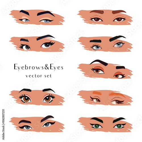 A set of female eyebrows and eyes in different poses and with different emotions. Vector.
