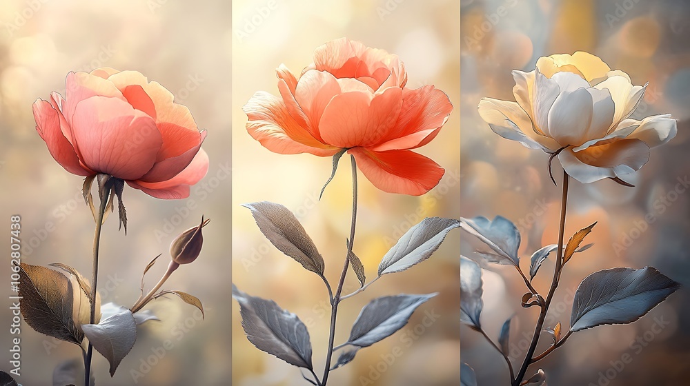 Three-part floral cycle; closed bud in early morning light on the left, center panel with bright sunlight on fully bloomed petals, and right with dimming light over a wilted flower, Three-part floral cycle; closed bud in early morning light on the left, center panel with bright sunlight on fully bloomed petals, and right with dimming light over a wilted flower,