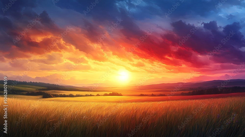 Three-part landscape with sky transitions; sunrise with soft light illuminating misty fields, midday sun casting bold shadows over the same scene, and sunset with a dramatic mix of reds and purples, Three-part landscape with sky transitions; sunrise with soft light illuminating misty fields, midday sun casting bold shadows over the same scene, and sunset with a dramatic mix of reds and purples,