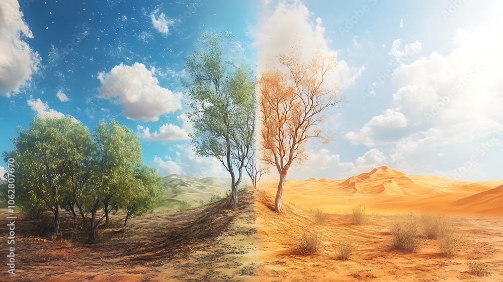 Naklejka premium Three-part landscape transition; left panel with rich forest and dense greenery, center with a semi-arid terrain and withered trees, right panel with expansive desert dunes and a hot, dry sky,