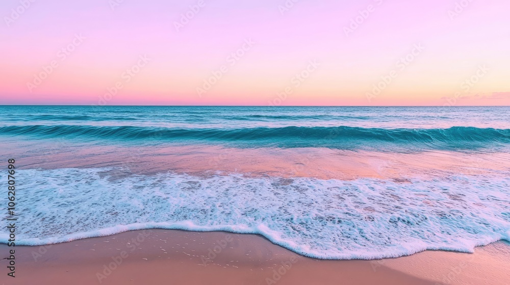 Serene ocean waves gently lap against a pastel pink and blue horizon at sunset. Serene ocean waves gently lap against a pastel pink and blue horizon at sunset.