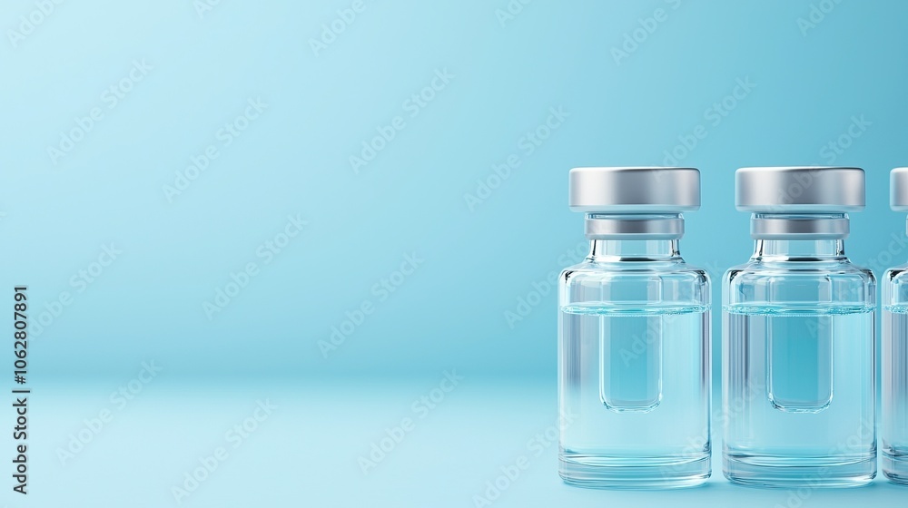 Three clear glass vials with silver caps sit against a soft blue background, showcasing a minimalistic and elegant design. Three clear glass vials with silver caps sit against a soft blue background, showcasing a minimalistic and elegant design.