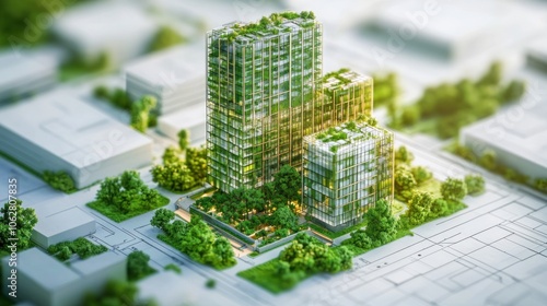 A miniature city with green, eco-friendly, sustainable buildings.