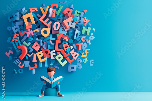 awareness campaigns, or support resources related to dyslexia and literacy challenges in children.Young boy is enjoying a book, totally absorbed in the reading process, floating letters