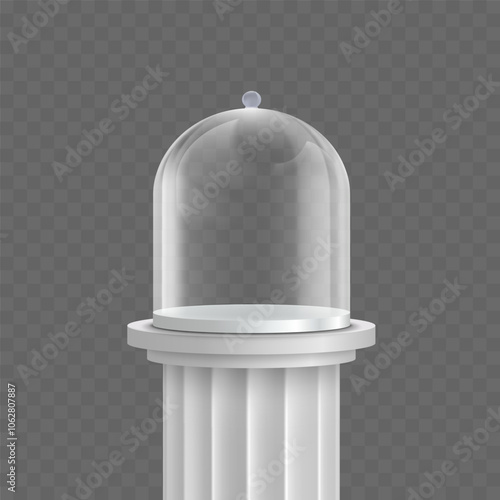 Empty template glass dome on a marble column. Stock vector mockup