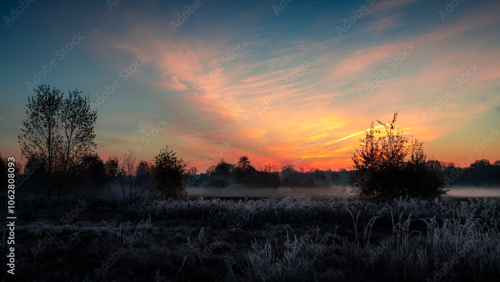 Morning fog over a frosty field. Morning fog over a frosty field.