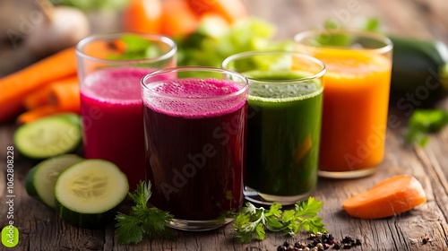 A vibrant selection of fresh vegetable juices in glasses, showcasing an array of colors from beets, greens, and carrots, with a rustic wooden background.