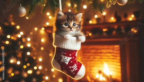 Adorable kitten snugly nestled in a Christmas stocking, hanging by the fireplace with festive lights in the background. Perfect for holiday greetings, decor, and pet lovers. photo