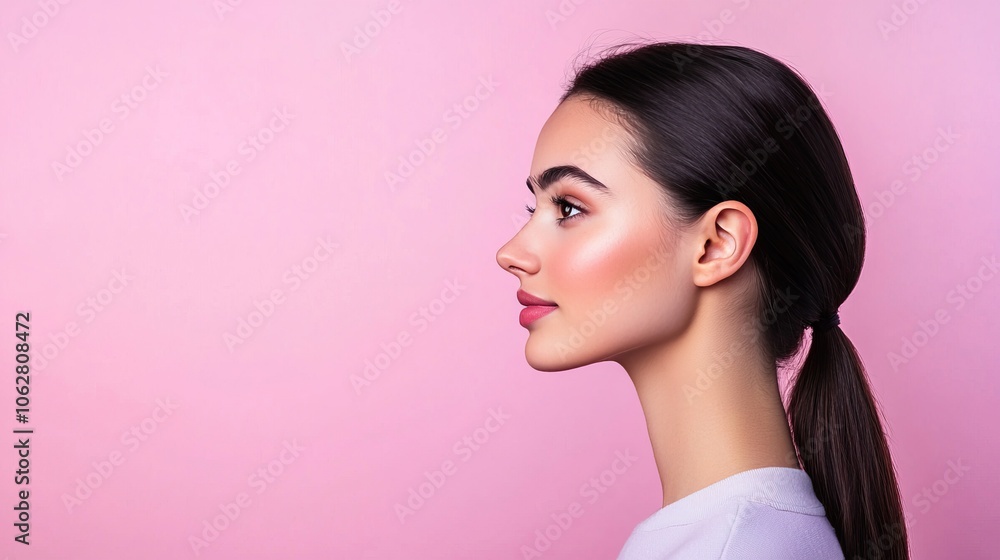 A profile view of a young woman with long dark hair styled in a ponytail, showcasing her elegant features against a soft pink background. A profile view of a young woman with long dark hair styled in a ponytail, showcasing her elegant features against a soft pink background.