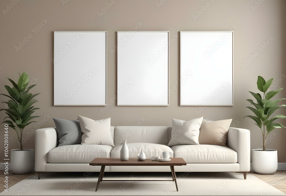 Fototapeta premium A modern living room with a beige sofa, beige throw pillows, and three empty white frames on the wall.