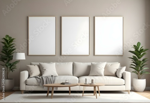 A modern living room with a beige sofa, beige throw pillows, and three empty white frames on the wall.