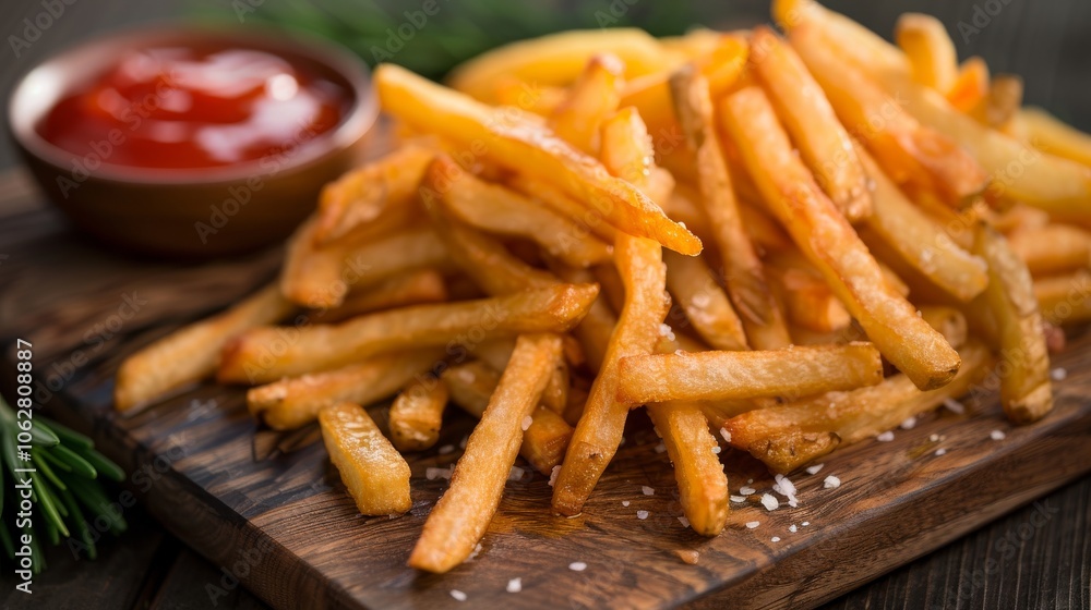 Close-up of a pile of deep-fried French fries glistening with oil, served on a wooden board with a side of tangy dipping sauce Close-up of a pile of deep-fried French fries glistening with oil, served on a wooden board with a side of tangy dipping sauce