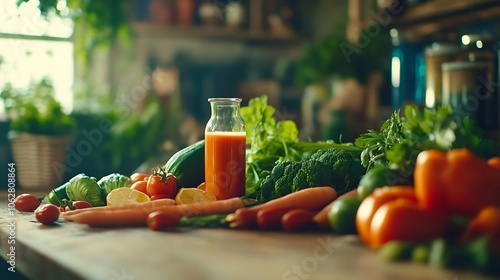 A vibrant array of fresh vegetables and a glass of juice on a wooden table, emphasizing healthy eating and natural ingredients.