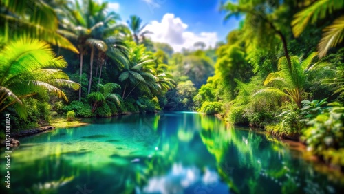 A miniature world unfolds, a jungle lake shimmers in tilt-shift magic.