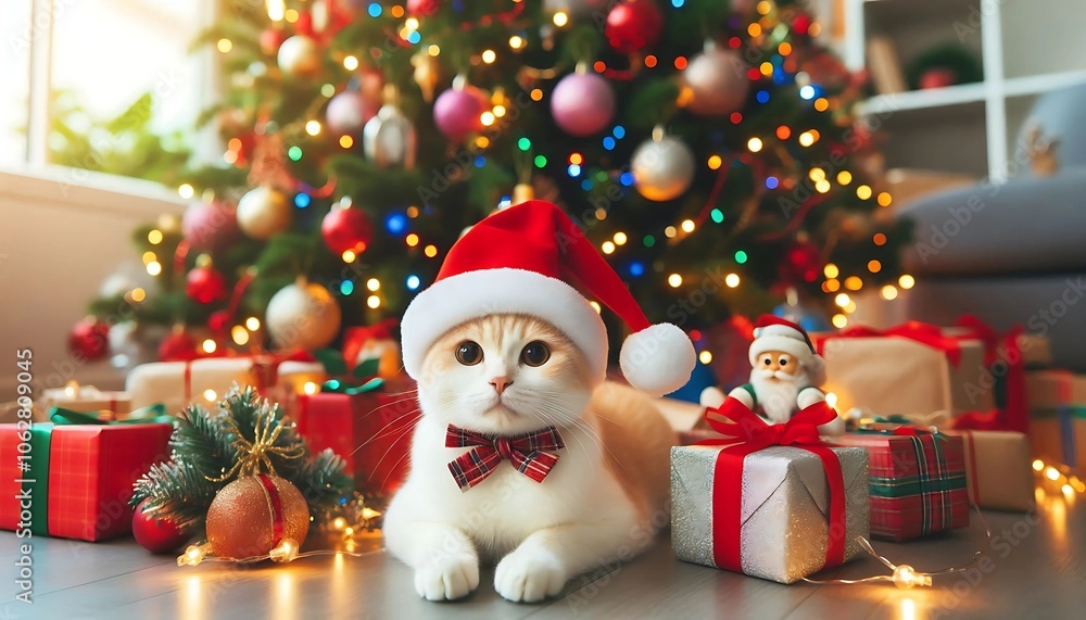 Adorable cat dressed in a Santa hat and plaid bow tie sitting by a beautifully decorated Christmas tree. Festive scene with gifts and ornaments, perfect for holiday cheer and warmth. Adorable cat dressed in a Santa hat and plaid bow tie sitting by a beautifully decorated Christmas tree. Festive scene with gifts and ornaments, perfect for holiday cheer and warmth.