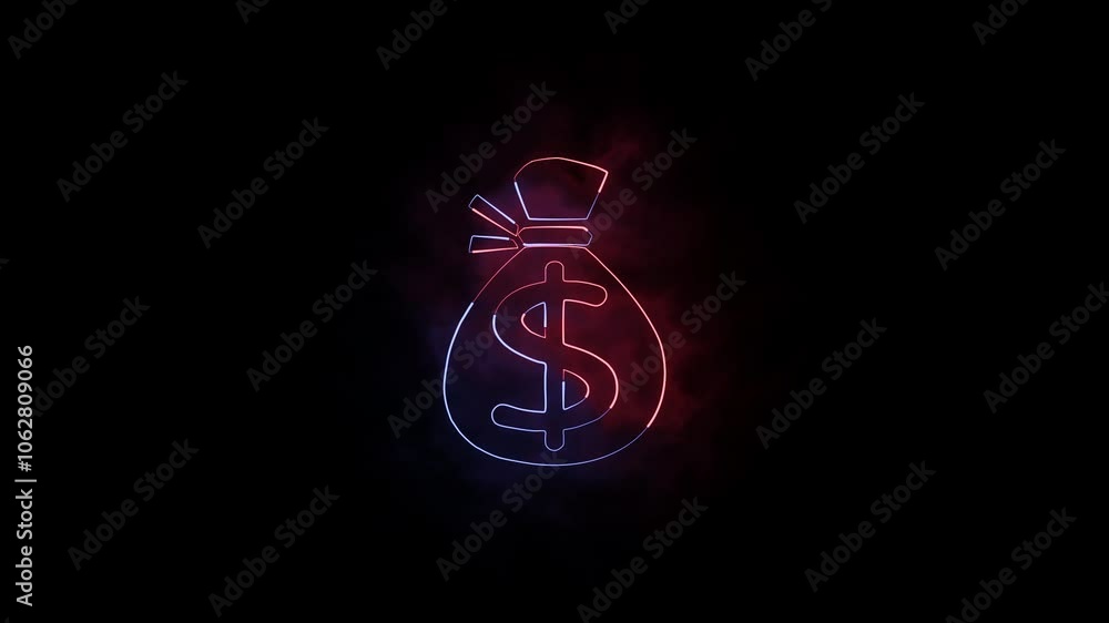 Neon money bag with dollar sign. Bright neon money bag and dollar icon. Neon glowing money bag icon animation in black background. Neon money bag with dollar sign. Bright neon money bag and dollar icon. Neon glowing money bag icon animation in black background.