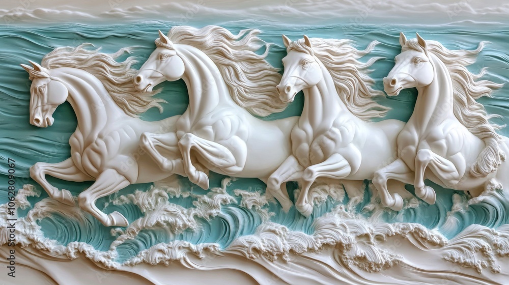 Unique relief artwork of horses in motion against a pristine white backdrop. Unique relief artwork of horses in motion against a pristine white backdrop.
