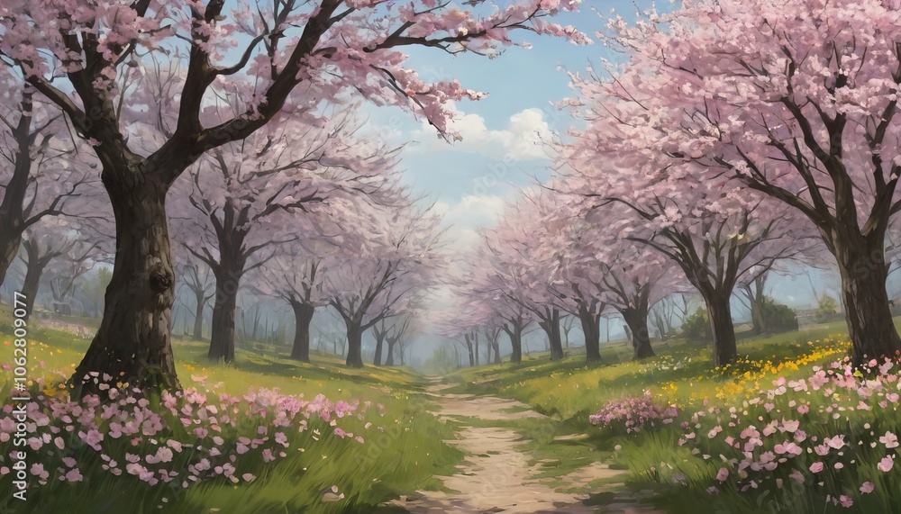 Obraz premium Spring Landscape Illustration – Blooming Trees and Vibrant Flowers in a Serene Nature Scene
