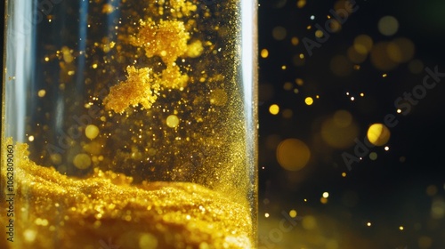 Golden glitter in a glass bottle with a bokeh background.