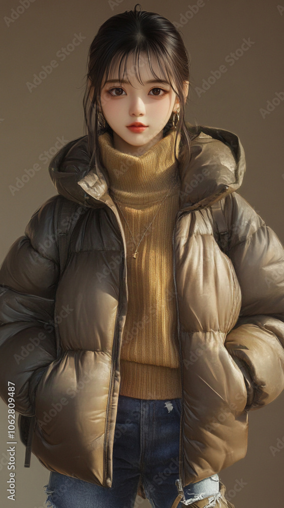 Clothes, short padded jacket, simple, cozy, no hat, just clothes, sweater beige Clothes, short padded jacket, simple, cozy, no hat, just clothes, sweater beige
