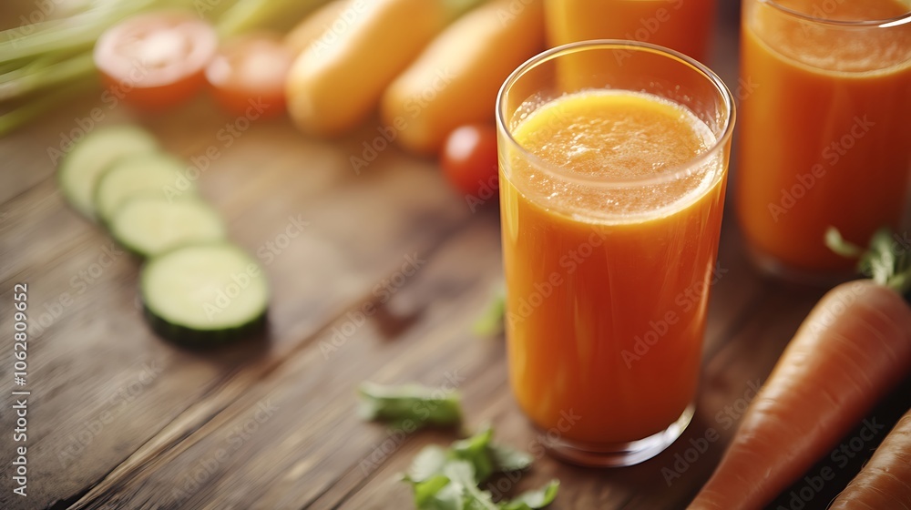 Freshly prepared carrot juice alongside vibrant vegetables on a wooden table, creating a healthy and colorful drink. Freshly prepared carrot juice alongside vibrant vegetables on a wooden table, creating a healthy and colorful drink.