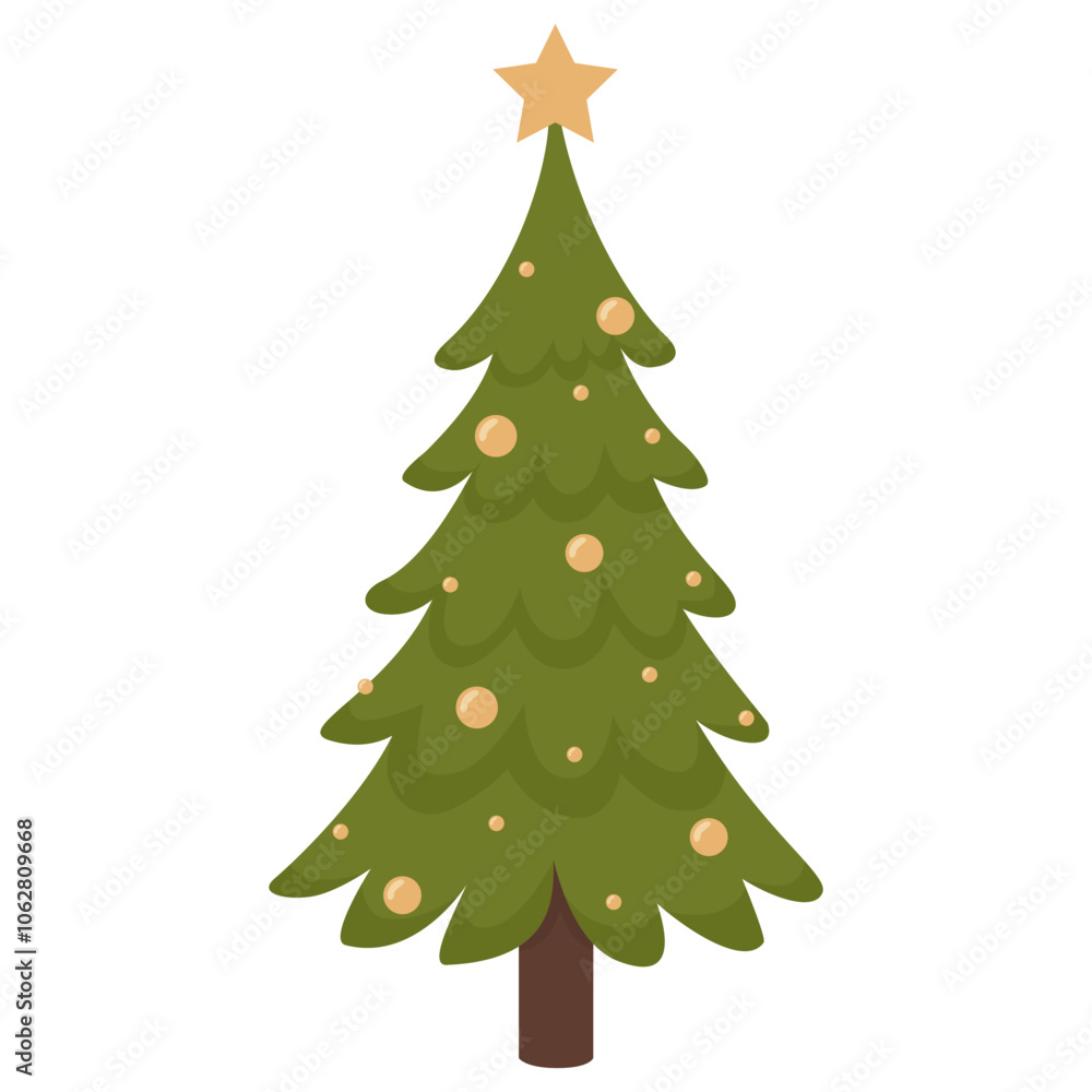 Christmas tree vector flat illustration isolated on transparent background. New Year tree with gold balls and a star. Christmas tree vector flat illustration isolated on transparent background. New Year tree with gold balls and a star.