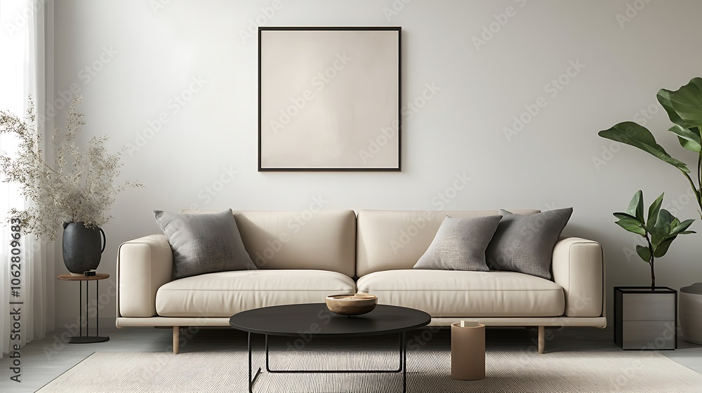 Beige sofa and black coffee table in a modern living room, Beautiful modern living room with wooden beams Beige sofa and black coffee table in a modern living room, Beautiful modern living room with wooden beams
