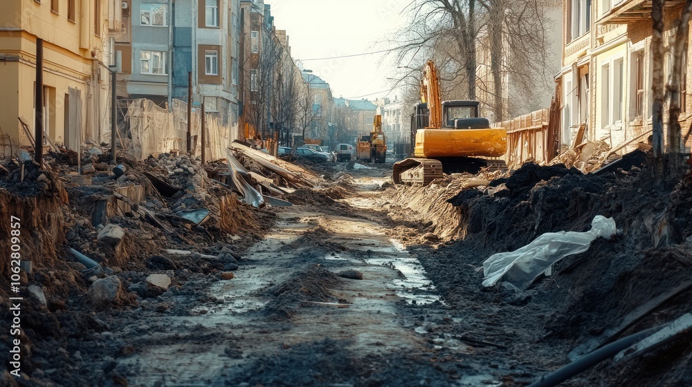 A street under construction with an excavator in the background and a muddy road in the foreground. A street under construction with an excavator in the background and a muddy road in the foreground.