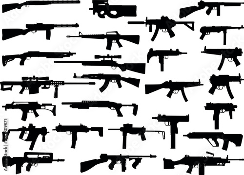 Collection of silhouettes of assault firearms, snipers, shotguns