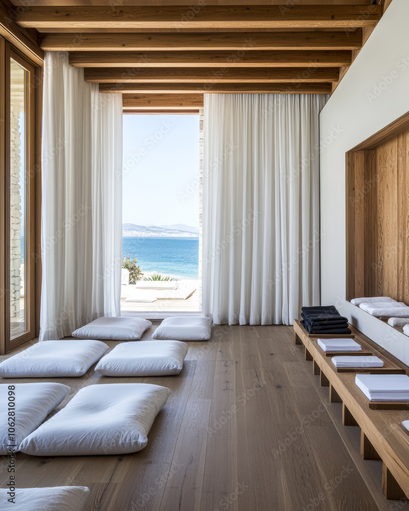 Obraz premium Spacious serene meditation room with ocean view and wooden accents