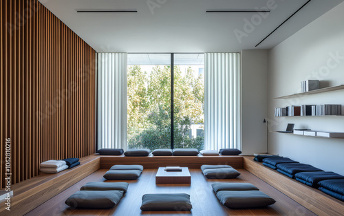 Calm meditation room with natural light and minimalistic decor in a serene urban setting photo