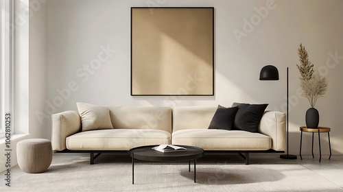 Beige sofa and black coffee table in a modern living room, Beautiful modern living room with wooden beams