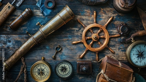 Vintage nautical objects including a telescope, compass, and ship's wheel on a wooden background.