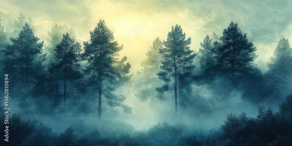 Tall Pine Trees Silhouetted Against a Misty Morning Sky Tall Pine Trees Silhouetted Against a Misty Morning Sky
