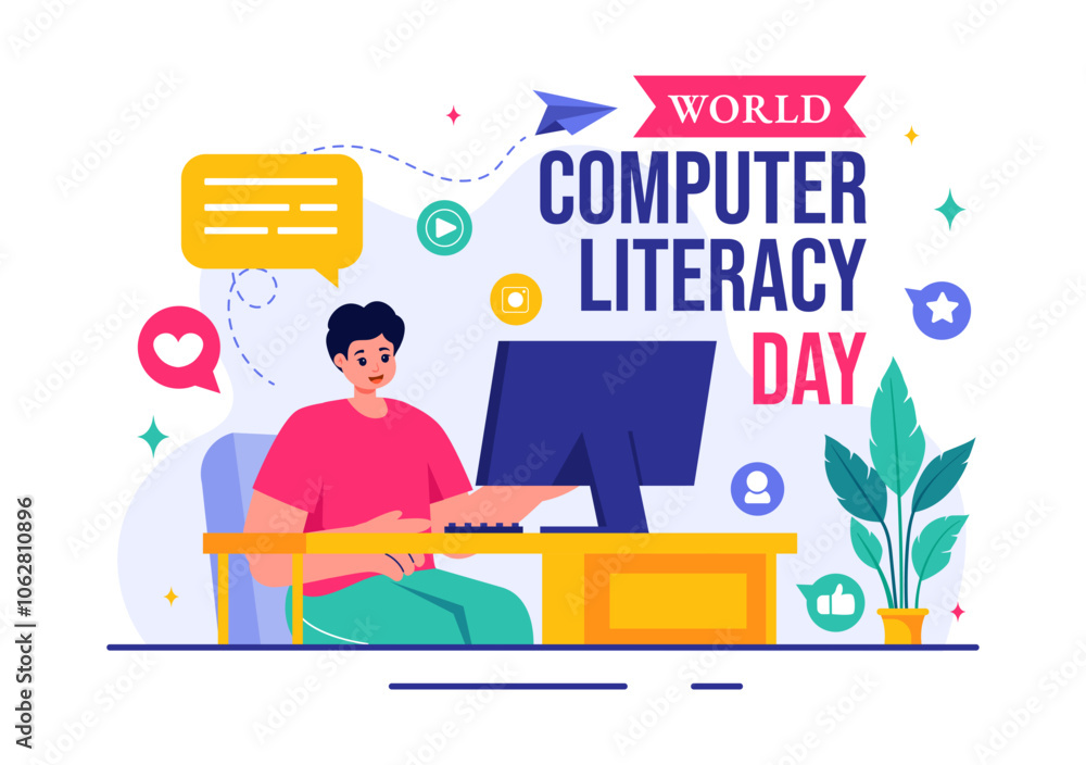 World Computer Literacy Day Vector Illustration on December 2, Featuring Books and Media Equipment to Promote Education in a Flat Style Background World Computer Literacy Day Vector Illustration on December 2, Featuring Books and Media Equipment to Promote Education in a Flat Style Background