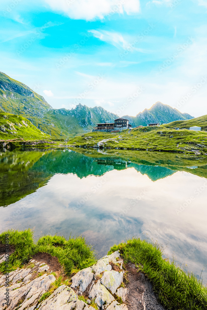 Fototapeta premium Fagaras mountains with Balea lake on Transfagarasan serpentine road in Sibiu County, Romania.