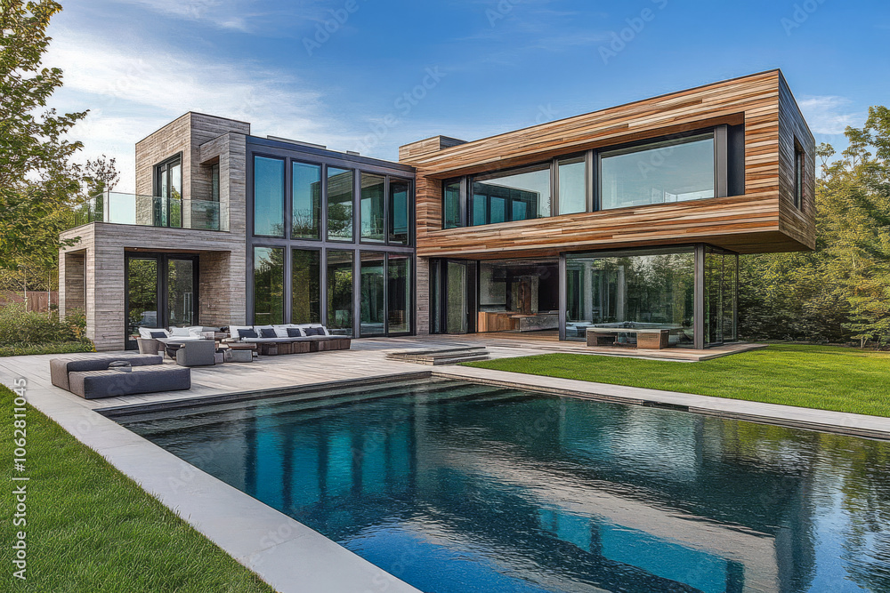 Modern architectural design of a stylish house with a swimming pool in a serene location Modern architectural design of a stylish house with a swimming pool in a serene location