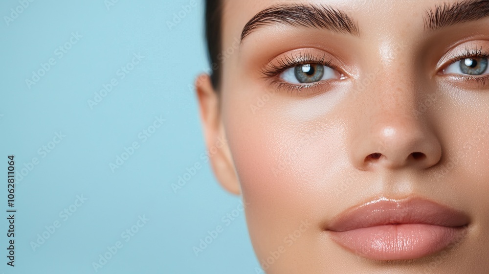 A close-up portrait of a woman's face showcasing flawless skin, defined brows, and radiant blue eyes against a soft blue background. A close-up portrait of a woman's face showcasing flawless skin, defined brows, and radiant blue eyes against a soft blue background.