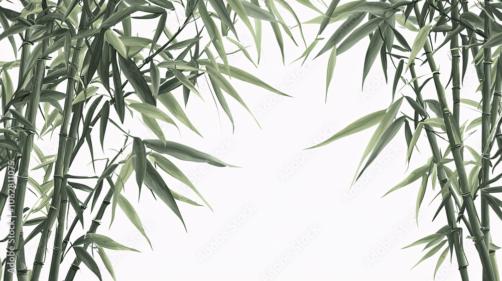 A detailed graphic of bamboo leaves and stalks presented in a front view against a pristine white background. A detailed graphic of bamboo leaves and stalks presented in a front view against a pristine white background.